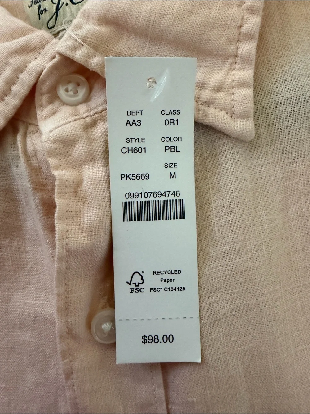 J.Crew Classic Linen Shirt Blush Pink Long Sleeve Button Front Size M NWT $98